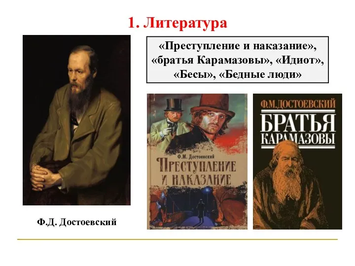 1. Литература Ф.Д. Достоевский «Преступление и наказание», «братья Карамазовы», «Идиот», «Бесы», «Бедные люди»