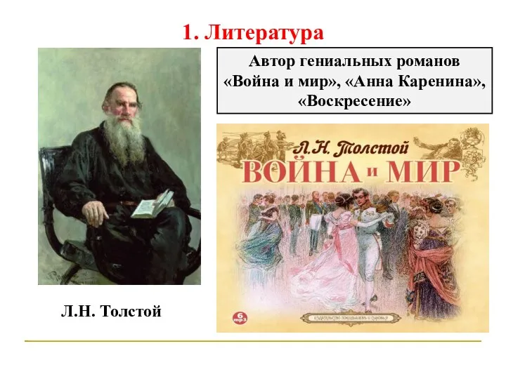 1. Литература Л.Н. Толстой Автор гениальных романов «Война и мир», «Анна Каренина», «Воскресение»