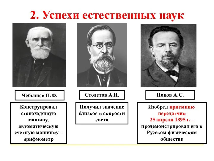 2. Успехи естественных наук Чебышев П.Ф. Конструировал стопоходящую машину, автоматическую счетную машинку