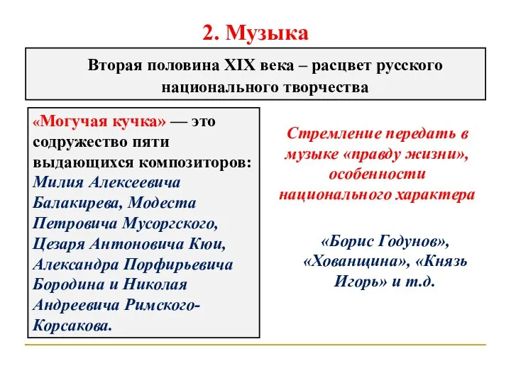 2. Музыка Вторая половина XIX века – расцвет русского национального творчества «Могучая