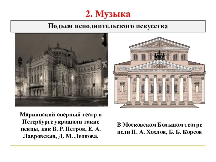 2. Музыка Подъем исполнительского искусства Мариинский оперный театр в Петербурге украшали такие