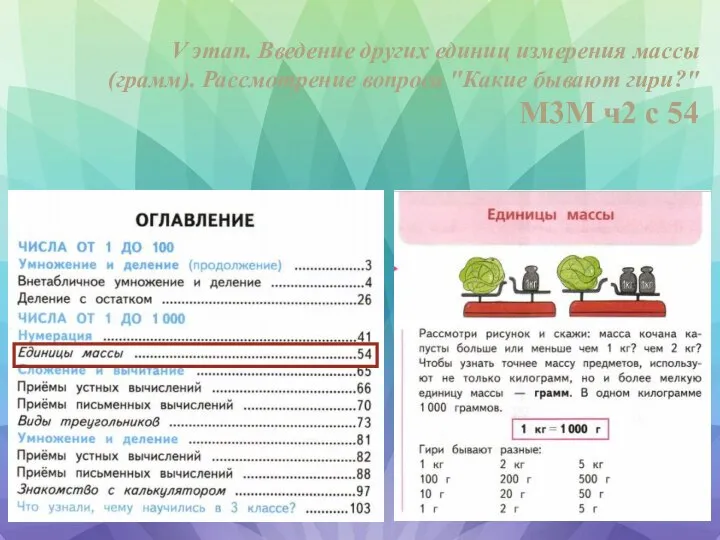 V этап. Введение других единиц измерения массы (грамм). Рассмотрение вопроса "Какие бывают