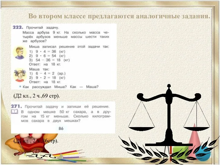 Во втором классе предлагаются аналогичные задания. (Д2 кл., 2 ч.,69 стр). (Д2 кл., 2 ч.,86стр).