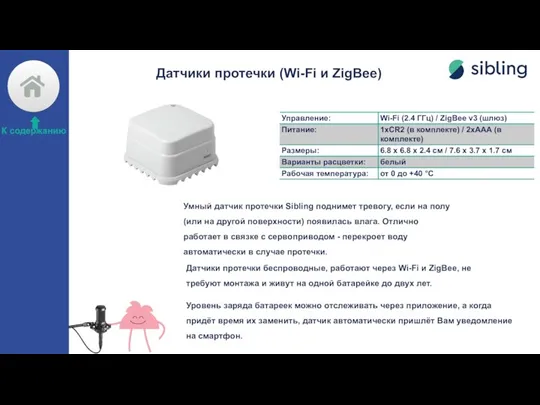 Датчики протечки (Wi-Fi и ZigBee) Умный датчик протечки Sibling поднимет тревогу, если