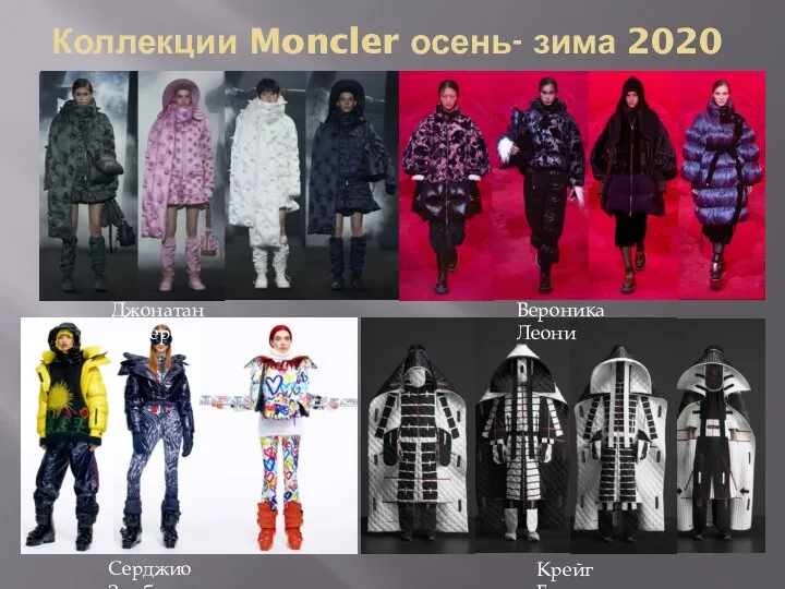 Коллекции Moncler осень- зима 2020 Джонатан Андерсон Вероника Леони Крейг Грин Серджио Замбон