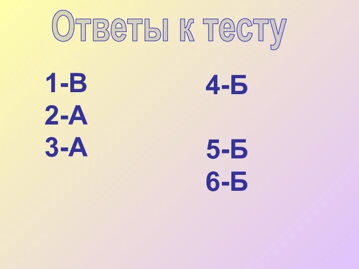 Ответы к тесту 1-В 2-А 3-А 4-Б 5-Б 6-Б