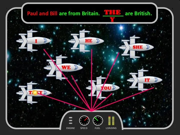 FUEL SPEED LOADING ENGINE Paul and Bill are from Britain. _______ are British. THEY