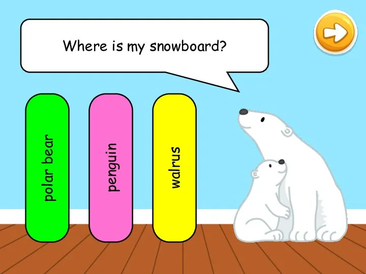 Where is my snowboard? polar bear penguin walrus