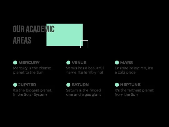 OUR ACADEMIC AREAS NEPTUNE It’s the farthest planet from the Sun JUPITER