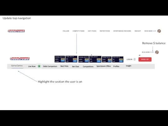 Update top navigation Highlight the section the user is on Remove $ balance Game Centre