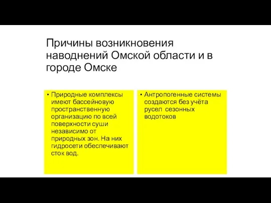 Причины возникновения наводнений Омской области и в городе Омске Природные комплексы имеют