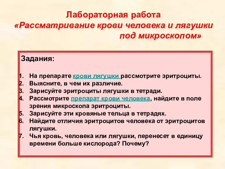 Лабораторная работа «Рассматривание крови человека и лягушки под микроскопом» Задания: На препарате