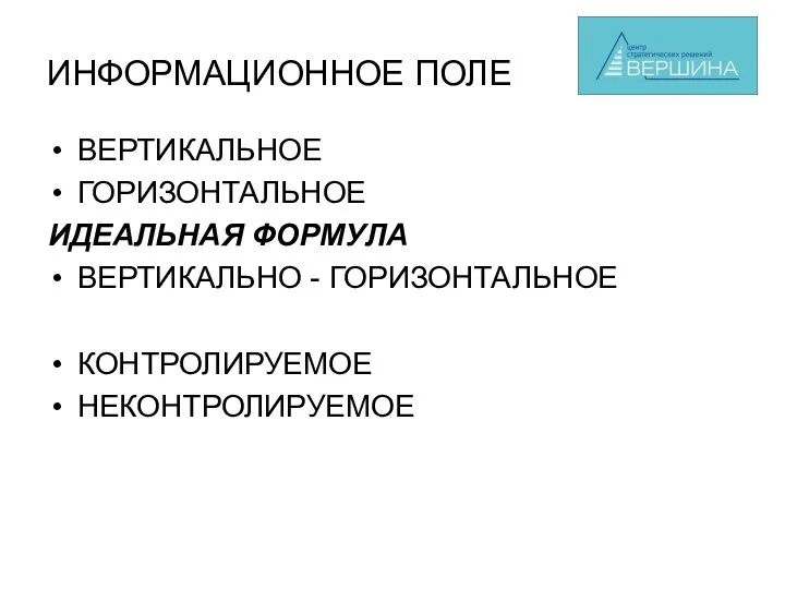 ИНФОРМАЦИОННОЕ ПОЛЕ ВЕРТИКАЛЬНОЕ ГОРИЗОНТАЛЬНОЕ ИДЕАЛЬНАЯ ФОРМУЛА ВЕРТИКАЛЬНО - ГОРИЗОНТАЛЬНОЕ КОНТРОЛИРУЕМОЕ НЕКОНТРОЛИРУЕМОЕ