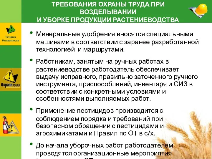 ТРЕБОВАНИЯ ОХРАНЫ ТРУДА ПРИ ВОЗДЕЛЫВАНИИ И УБОРКЕ ПРОДУКЦИИ РАСТЕНИЕВОДСТВА Минеральные удобрения вносятся