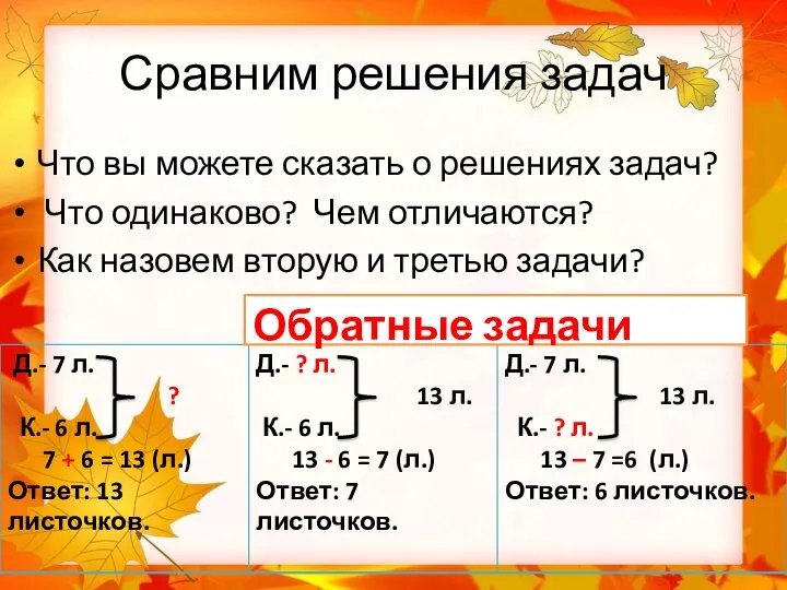 Сравним решения задач Что вы можете сказать о решениях задач? Что одинаково?