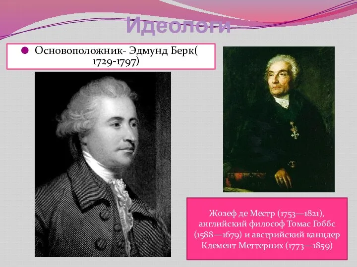 Идеологи Основоположник- Эдмунд Берк( 1729-1797) Жозеф де Местр (1753—1821), английский философ Томас