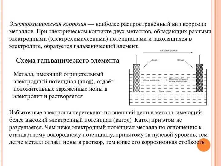 Электрохимическая коррозия — наиболее распространённый вид коррозии металлов. При электрическом контакте двух