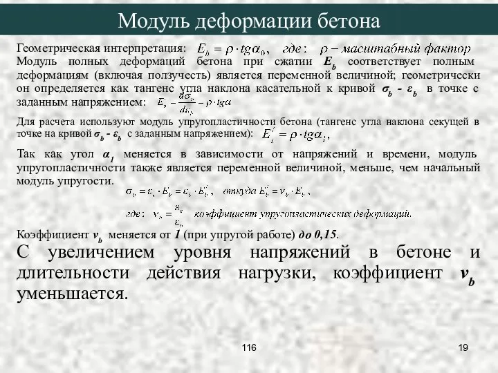 Геометрическая интерпретация: Модуль полных деформаций бетона при сжатии Eb соответствует полным деформациям