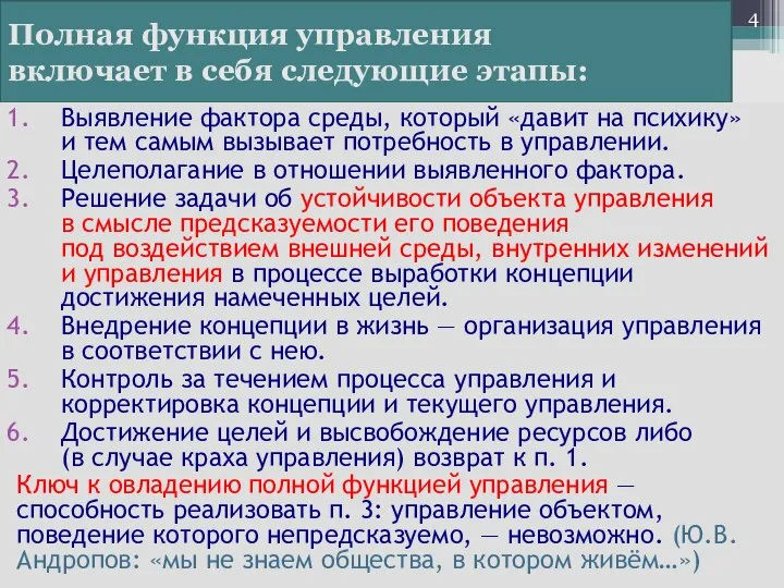 Полная функция управления включает в себя следующие этапы: Выявление фактора среды, который