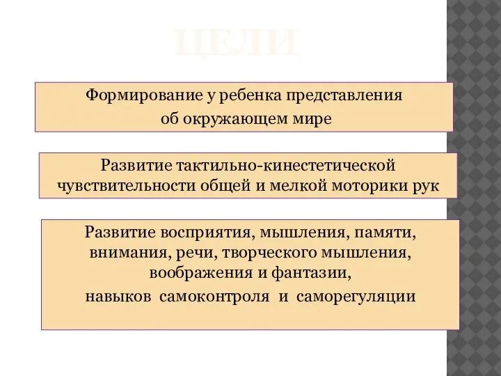 ЦЕЛИ Формирование у ребенка представления об окружающем мире Развитие восприятия, мышления, памяти,