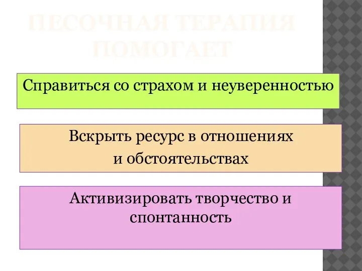 ПЕСОЧНАЯ ТЕРАПИЯ ПОМОГАЕТ Справиться со страхом и неуверенностью Вскрыть ресурс в отношениях