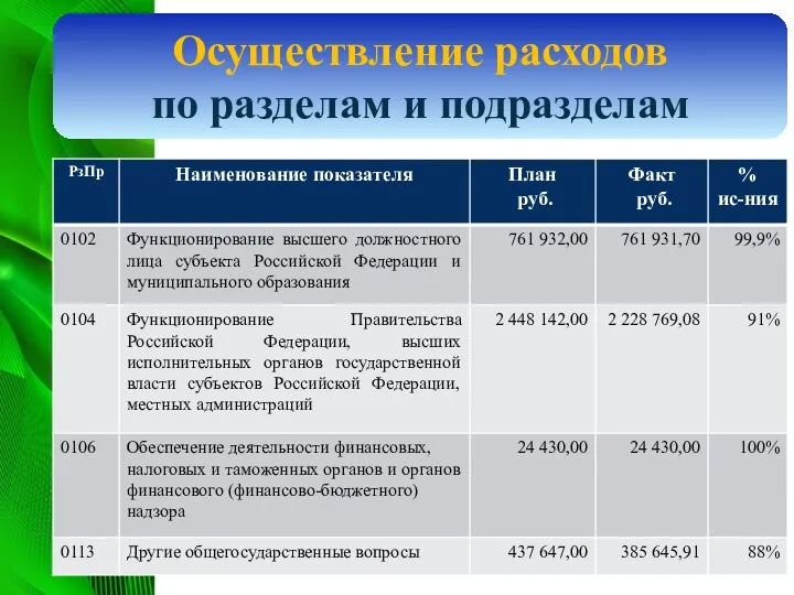 Осуществление расходов по разделам и подразделам