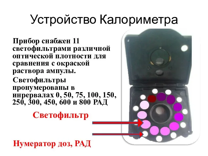 Устройство Калориметра Прибор снабжен 11 светофильтрами различной оптической плотности для сравнения с