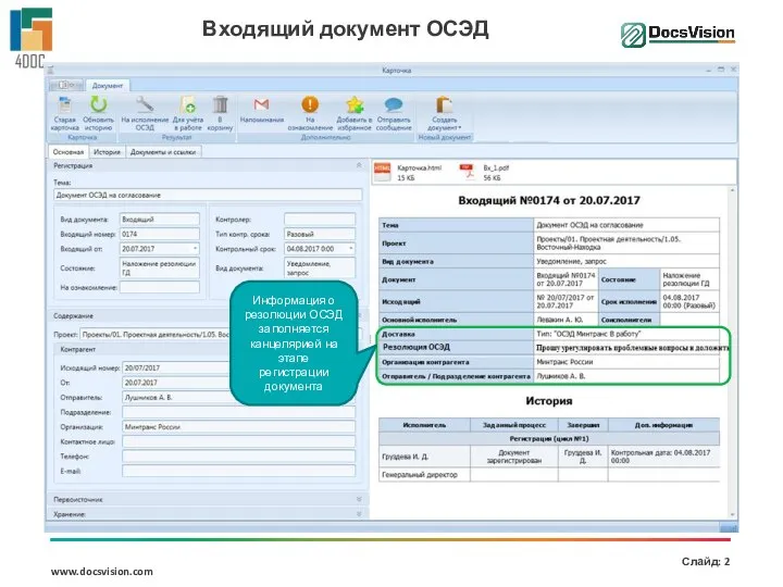 Входящий документ ОСЭД Информация о резолюции ОСЭД заполняется канцелярией на этапе регистрации документа