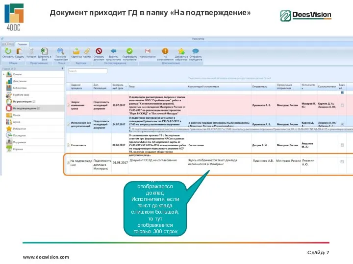 Документ приходит ГД в папку «На подтверждение» Здесь отображается доклад Исполнителя, если