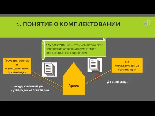 1. ПОНЯТИЕ О КОМПЛЕКТОВАНИИ Комплектование — это систематическое пополнение архивов документами в