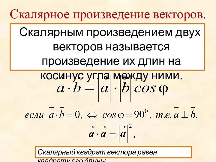 Скалярным произведением двух векторов называется произведение их длин на косинус угла между