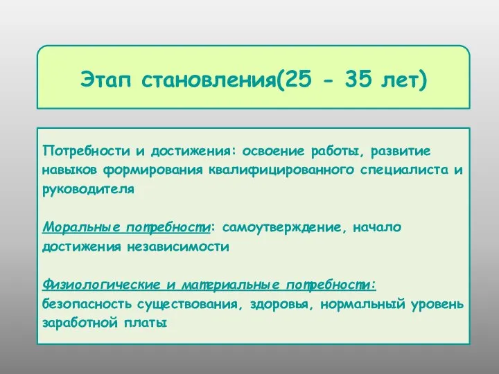 Потребности и достижения: освоение работы, развитие навыков формирования квалифицированного специалиста и руководителя