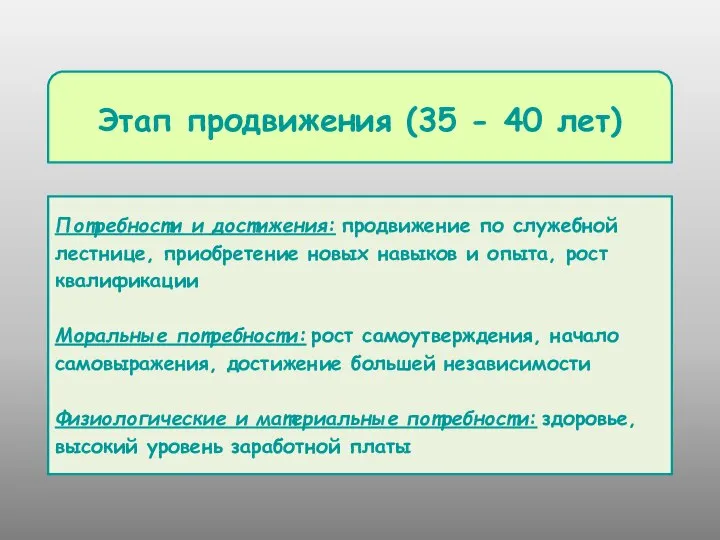 Потребности и достижения: продвижение по служебной лестнице, приобретение новых навыков и опыта,