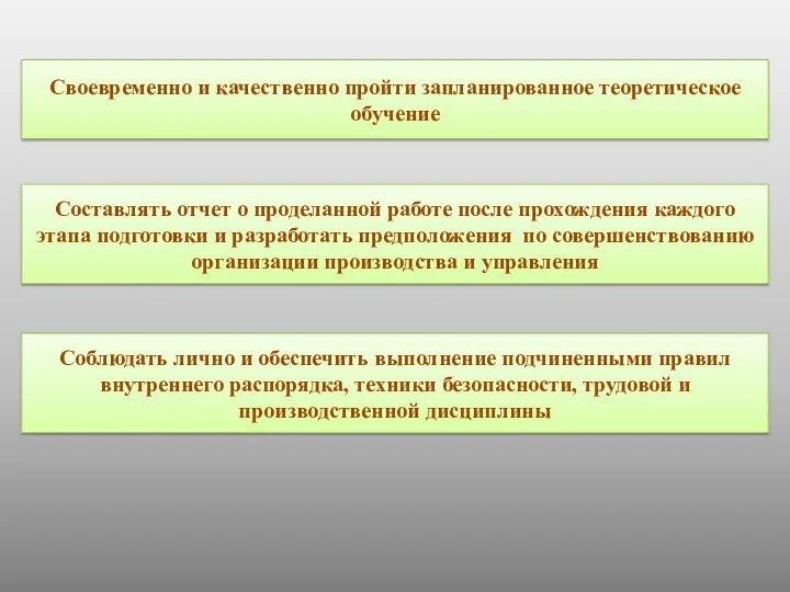 Соблюдать лично и обеспечить выполнение подчиненными правил внутреннего распорядка, техники безопасности, трудовой