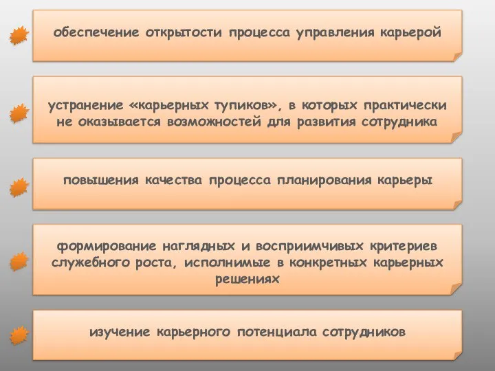 обеспечение открытости процесса управления карьерой устранение «карьерных тупиков», в которых практически не