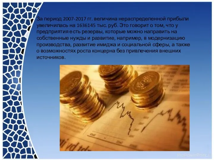 За период 2007-2017 гг. величина нераспределенной прибыли увеличилась на 1636145 тыс. руб.