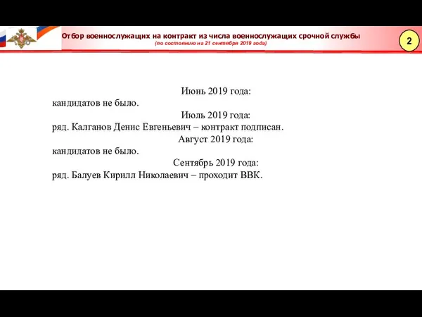 Отбор военнослужащих на контракт из числа военнослужащих срочной службы (по состоянию на