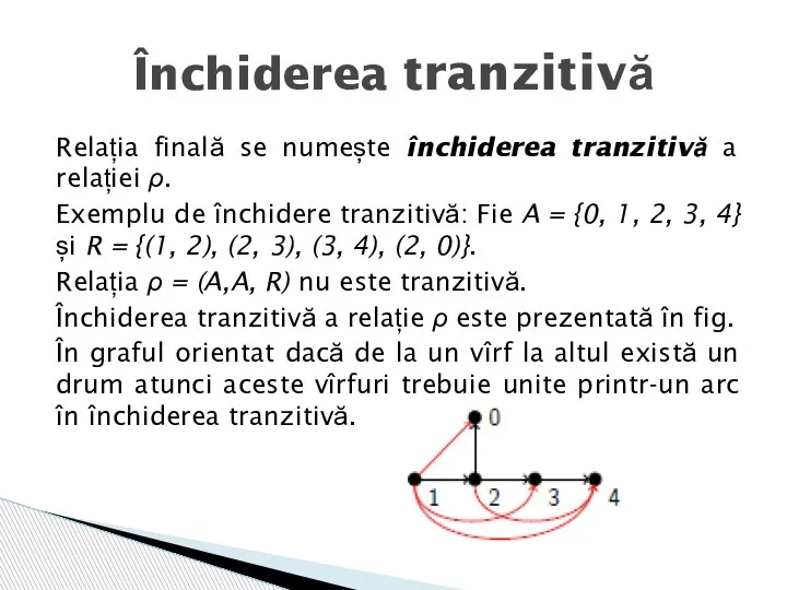 Relația finală se numește închiderea tranzitivă a relației ρ. Exemplu de închidere