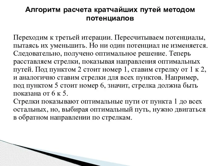 Алгоритм расчета кратчайших путей методом потенциалов Переходим к третьей итерации. Пересчитываем потенциалы,