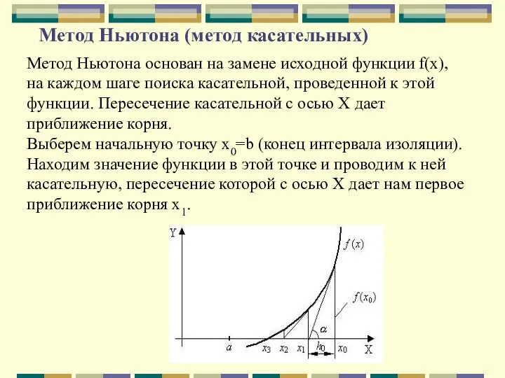 Метод Ньютона (метод касательных) Метод Ньютона основан на замене исходной функции f(x),