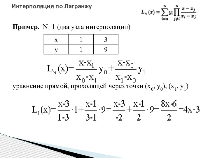 Пример. N=1 (два узла интерполяции) уравнение прямой, проходящей через точки (x0, y0),