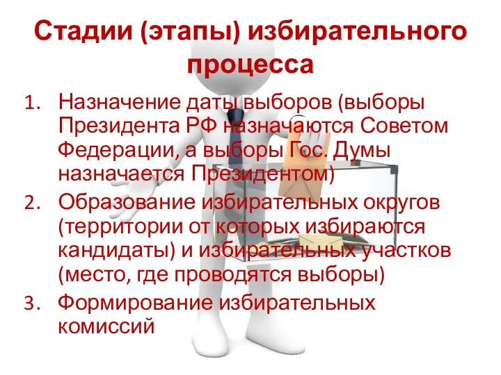 Стадии (этапы) избирательного процесса Назначение даты выборов (выборы Президента РФ назначаются Советом