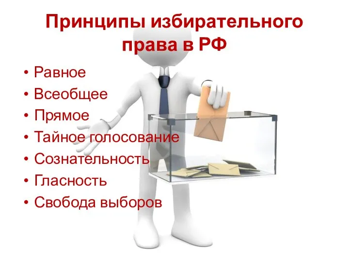 Принципы избирательного права в РФ Равное Всеобщее Прямое Тайное голосование Сознательность Гласность Свобода выборов