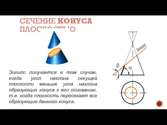 СЕЧЕНИЕ КОНУСА ПЛОСКОСТЬЮ Эллипс получается в том случае, когда угол наклона секущей