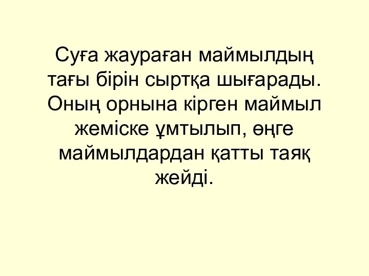 Суға жаураған маймылдың тағы бірін сыртқа шығарады. Оның орнына кірген маймыл жеміске