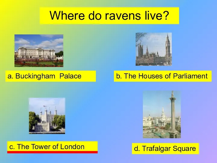 Where do ravens live? a. Buckingham Palace b. The Houses of Parliament