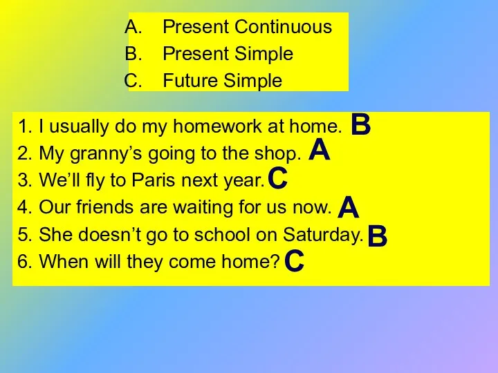 Present Continuous Present Simple Future Simple 1. I usually do my homework
