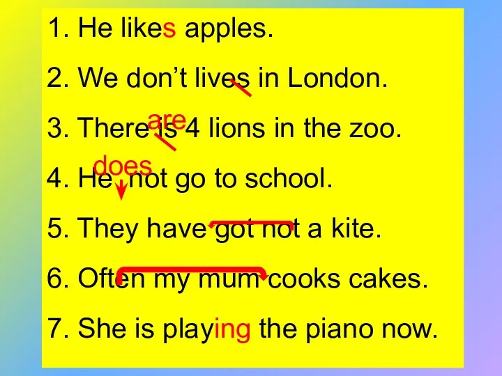 1. He likes apples. 2. We don’t lives in London. 3. There