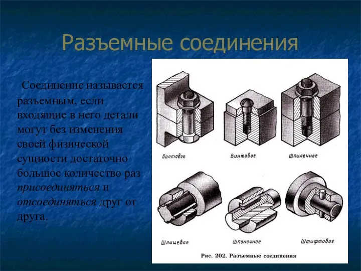 Разъемные соединения Соединение называется разъемным, если входящие в него детали могут без