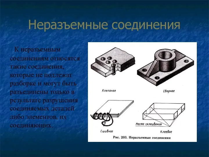 Неразъемные соединения К неразъемным соединениям относятся такие соединения, которые не подлежат разборке